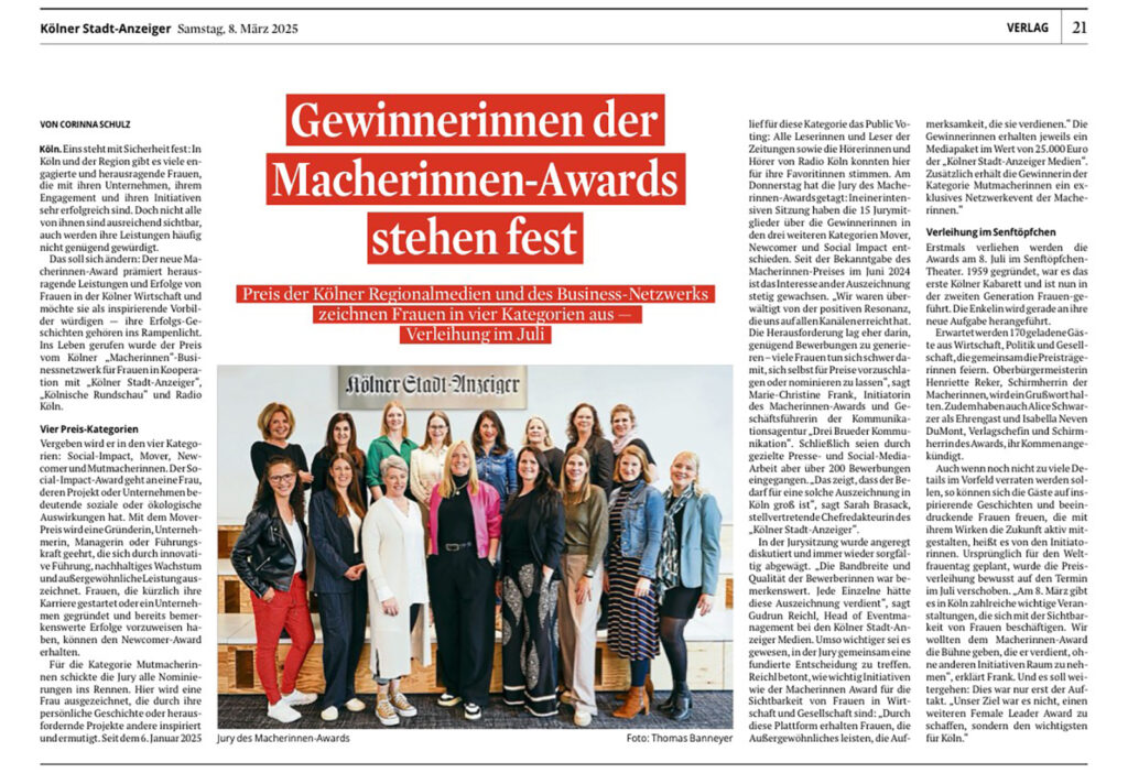 Scan eines Zeitungsartikels im Kölner Stadtanzeiger. Schlagzeile lautet: "Gewinnerinnen des Macherinnen-Awards stehen fest."