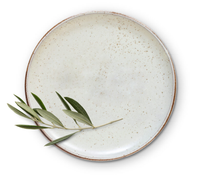 Ein runder, leerer Keramikteller mit einem Zweig grüner Blätter darauf, von oben betrachtet – symbolisiert einen Neuanfang und spiegelt die Erfolgszahlen im Eventcatering wider.