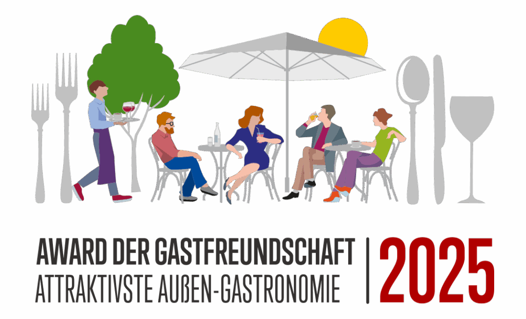 Illustration von Menschen, die im Freien essen, mit Kellner, großem Besteck und Text: Preis der Gastfreundschaft 2025.