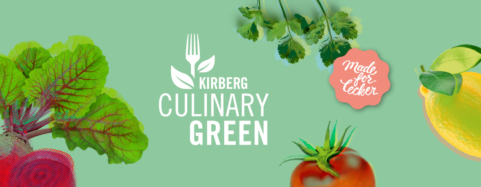 Buntes Gemüse, Kräuter und der Schriftzug "KIRBERG CULINARY GREEN" auf grünem Hintergrund mit Gabel- und Blattlogo heben Regionale Produkte im Eventcatering hervor.
