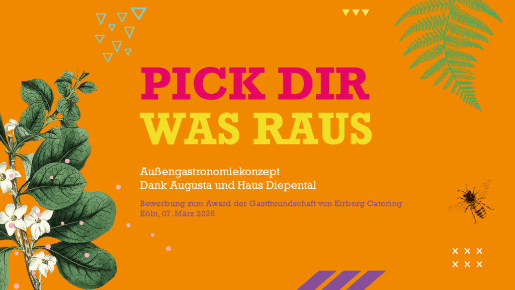 Bunte Grafik mit Text Pick dir was raus und Blumen-, Bienen- und Blattillustrationen auf orangem Hintergrund.