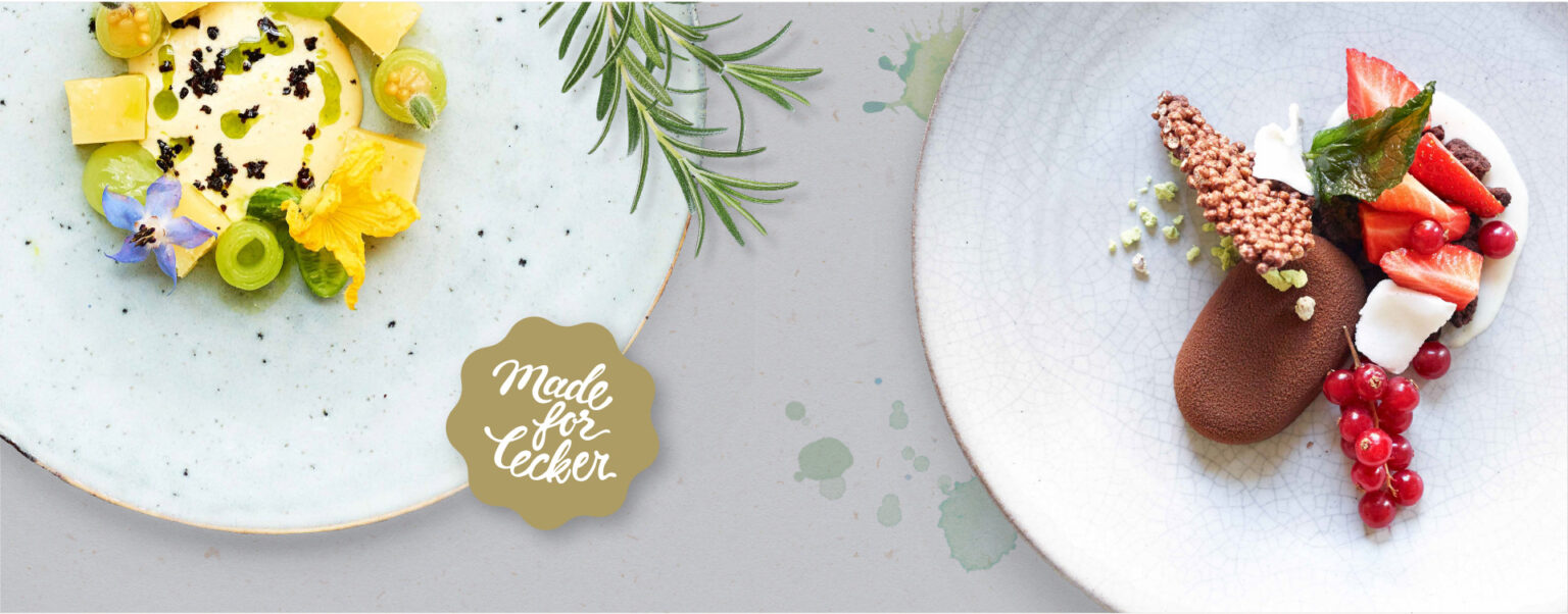 Zwei elegante Gourmet-Gerichte, ein herzhaftes mit Kräutern und ein Dessert mit Beeren und Schokolade.